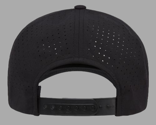 Black baseball cap with perforated design on a white background