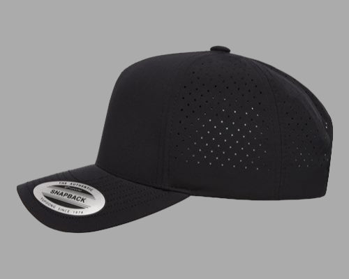 Black baseball cap with perforated design on a white background