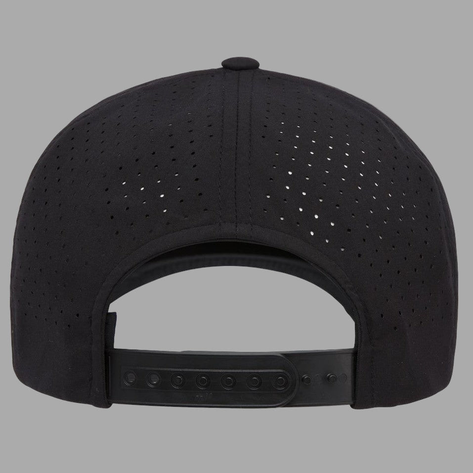 Black baseball cap with perforated design on a white background