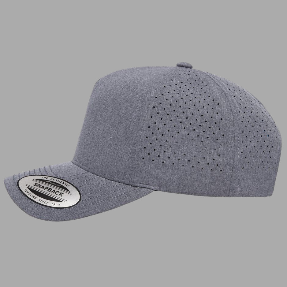 Gray baseball cap with perforated design on a white background