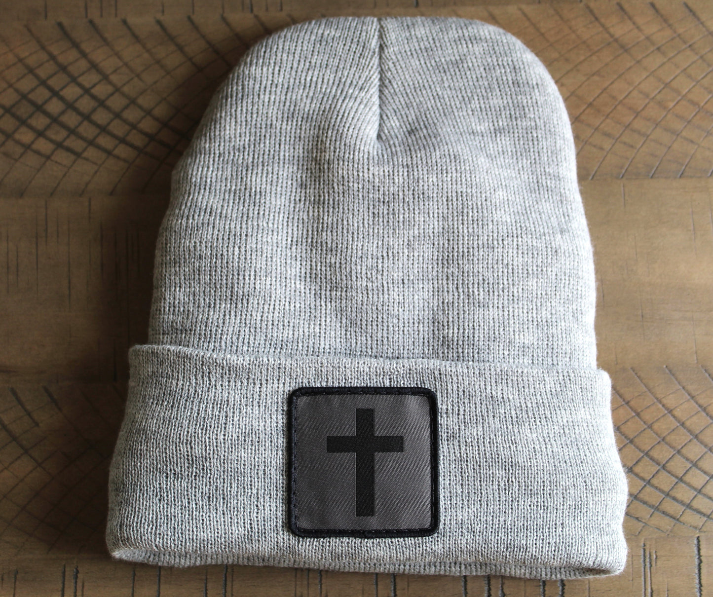 Heather gray winter hat with humble threads cross patch