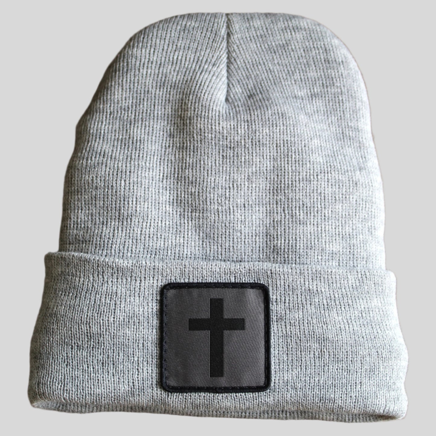 Heather gray winter hat with humble threads cross patch