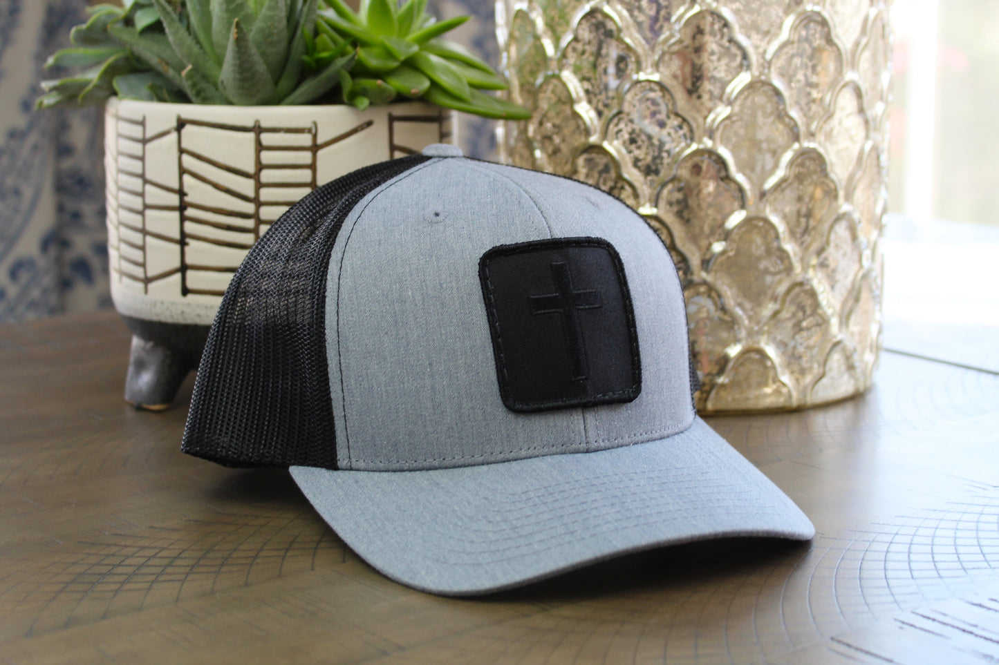 Heather Gray Black Snapback Hat with a Blackout Cross Patch
