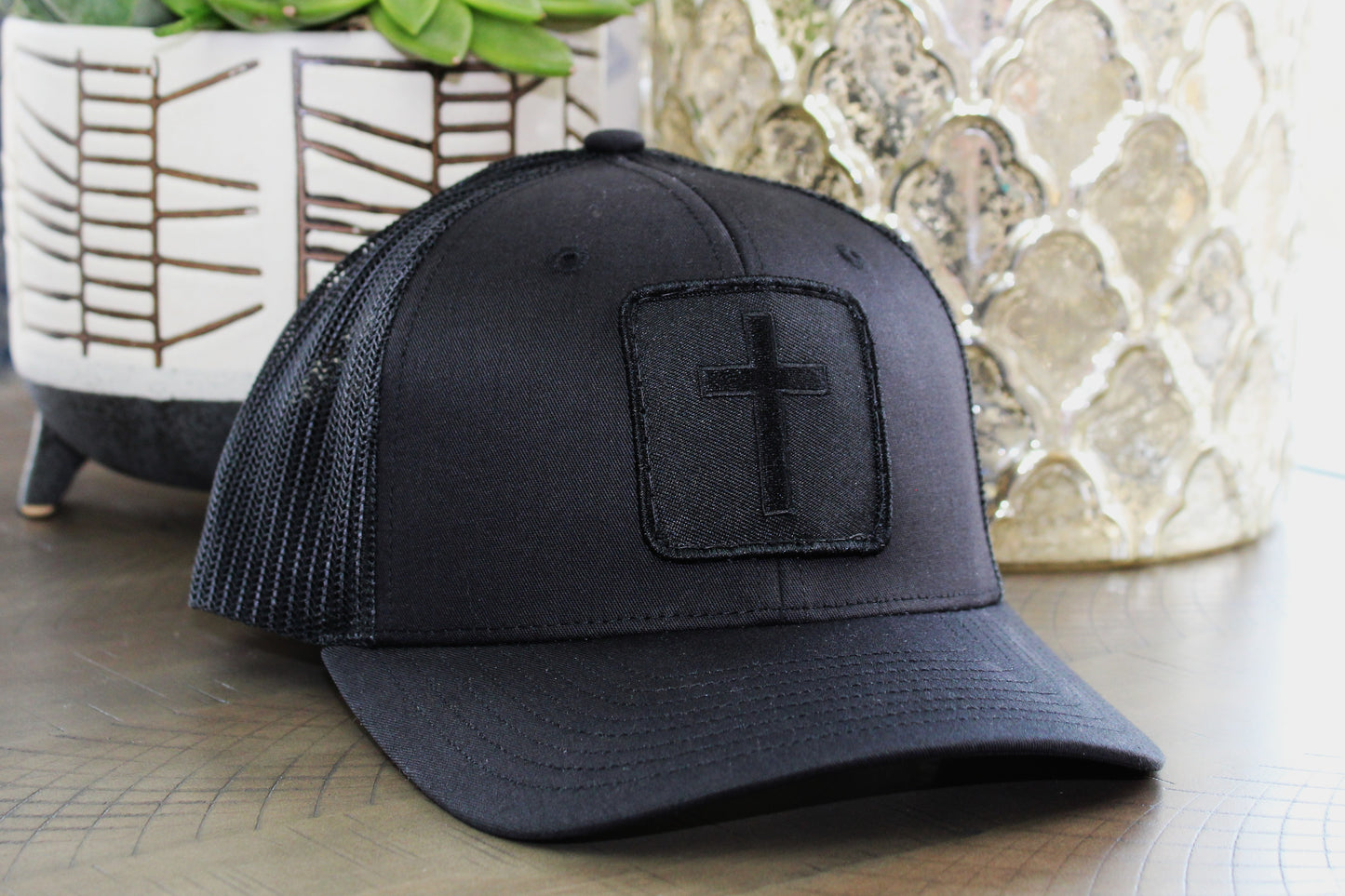 Black youth snapback hat with Blackout Cross Patch