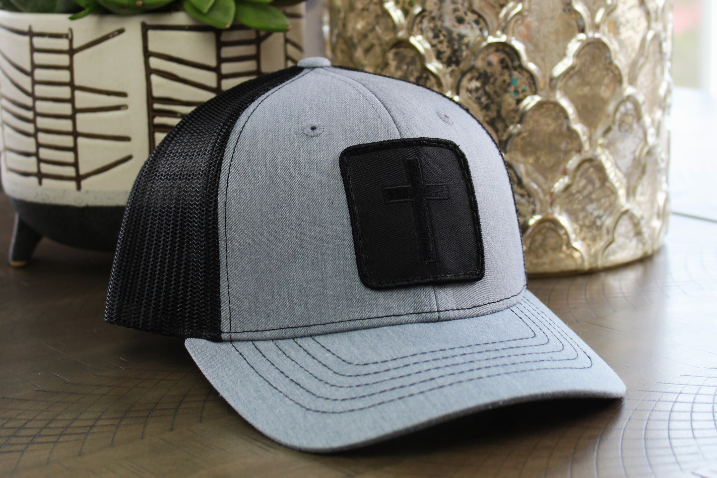 Heather Gray/White youth snapback hat with Blackout Cross Patch