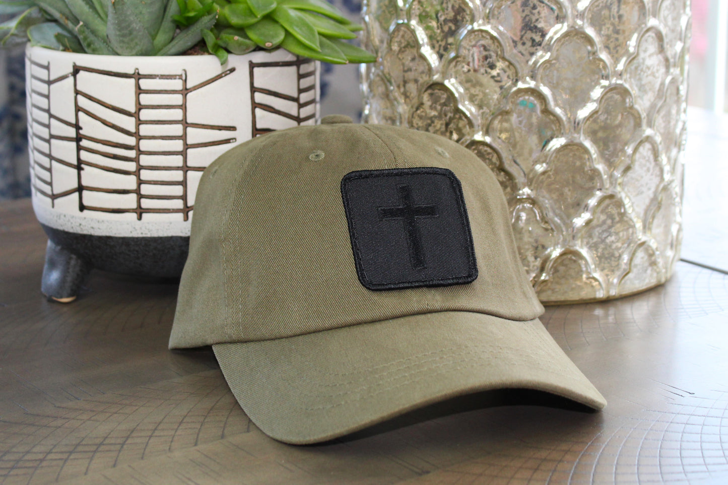 Olive Green adjustable hat with Blackout Cross Patch