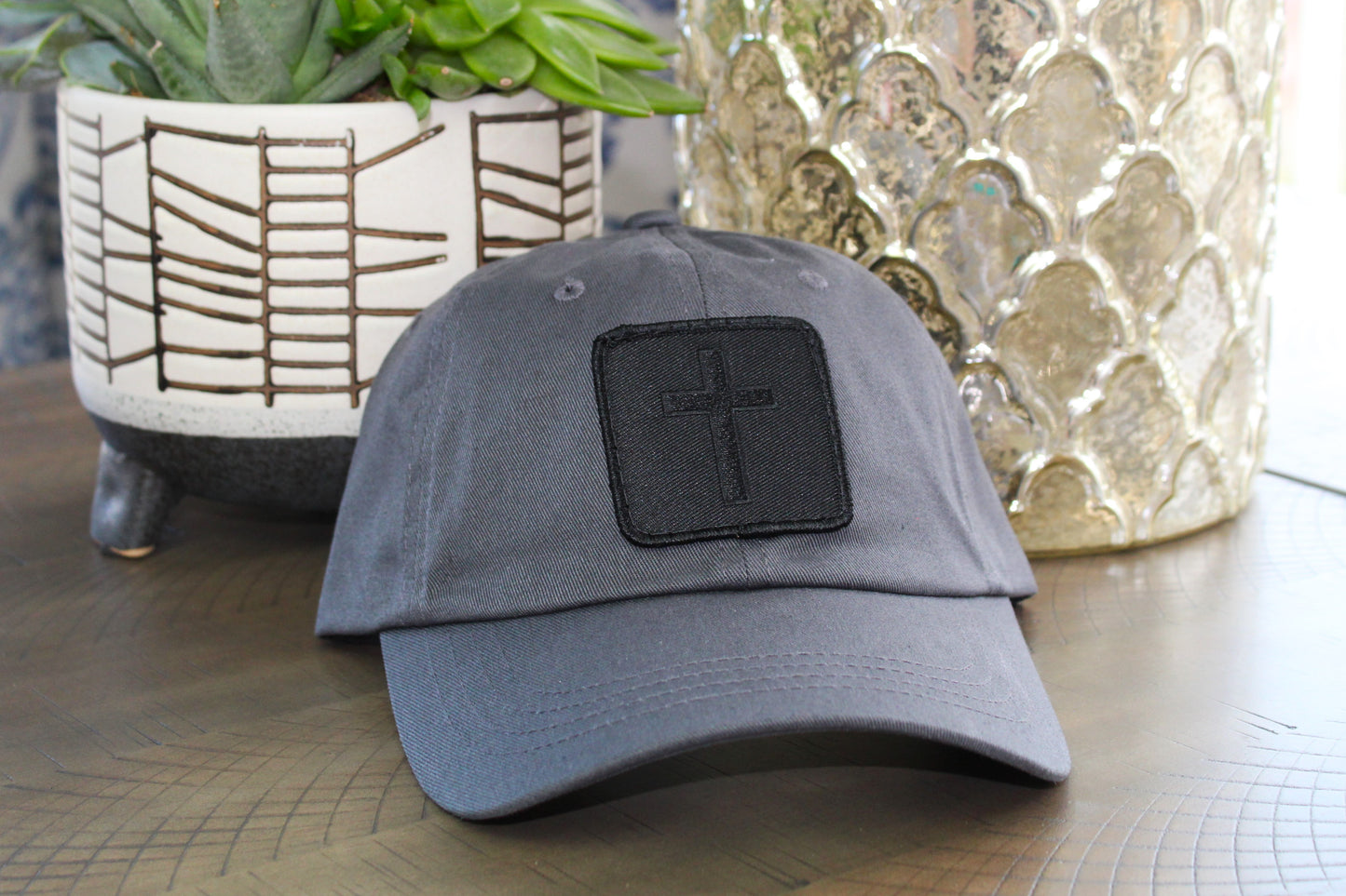 Dark Gray adjustable hat with Blackout Cross Patch