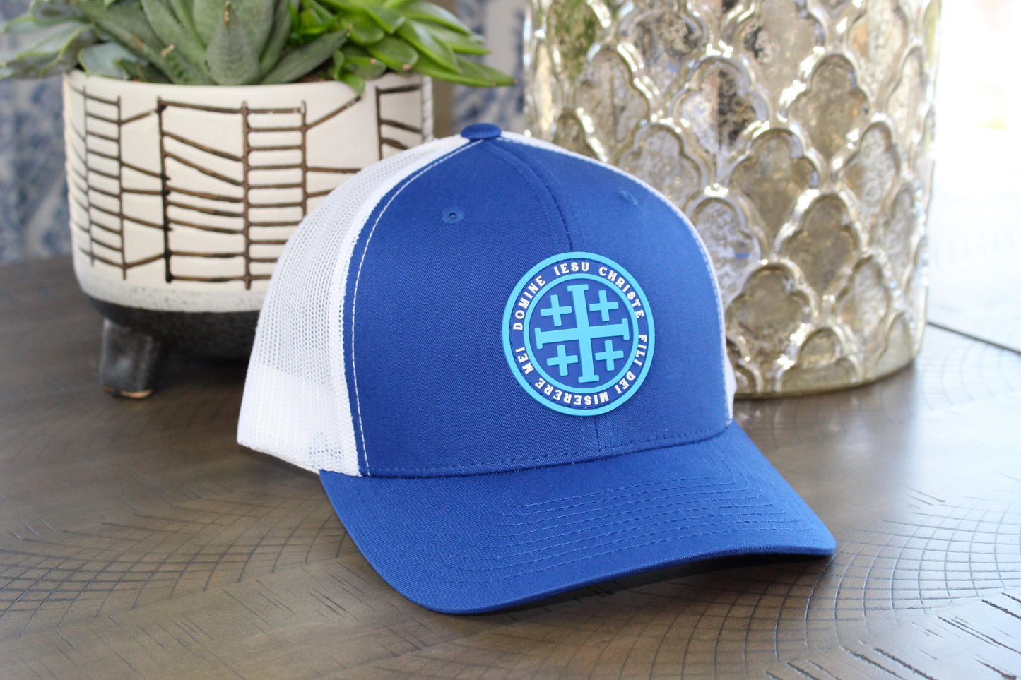 Royal blue and white snapback with a Blue Jerusalem Cross patch