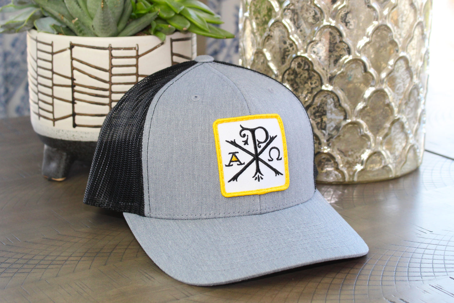 Heather Gray Black Snapback with a Chi-Rho patch