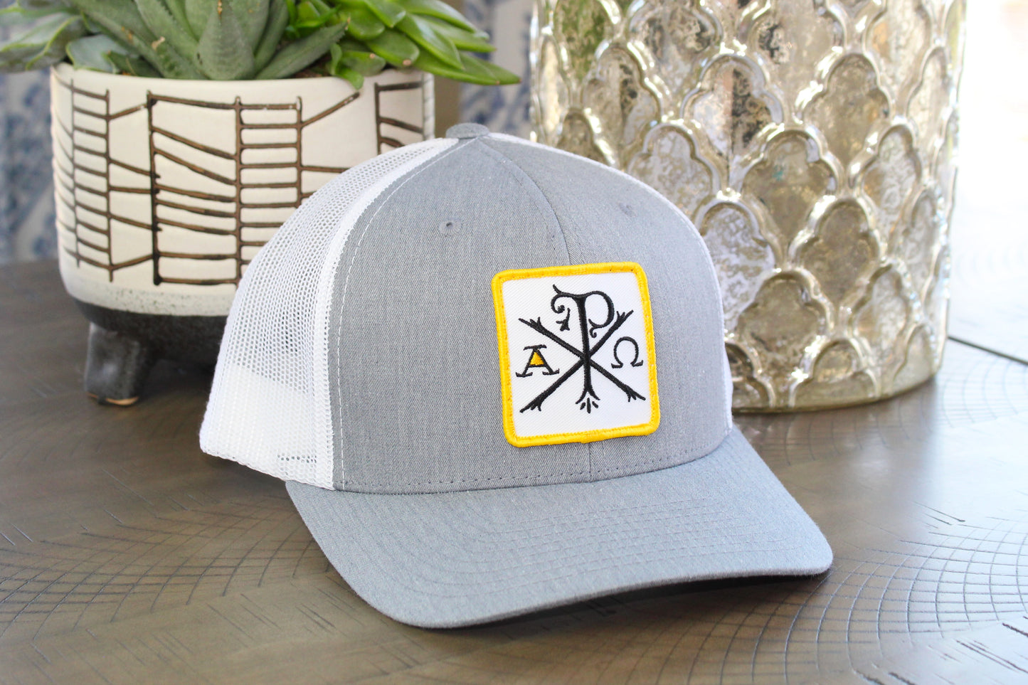 Heather Gray White Snapback with a Chi-Rho patch