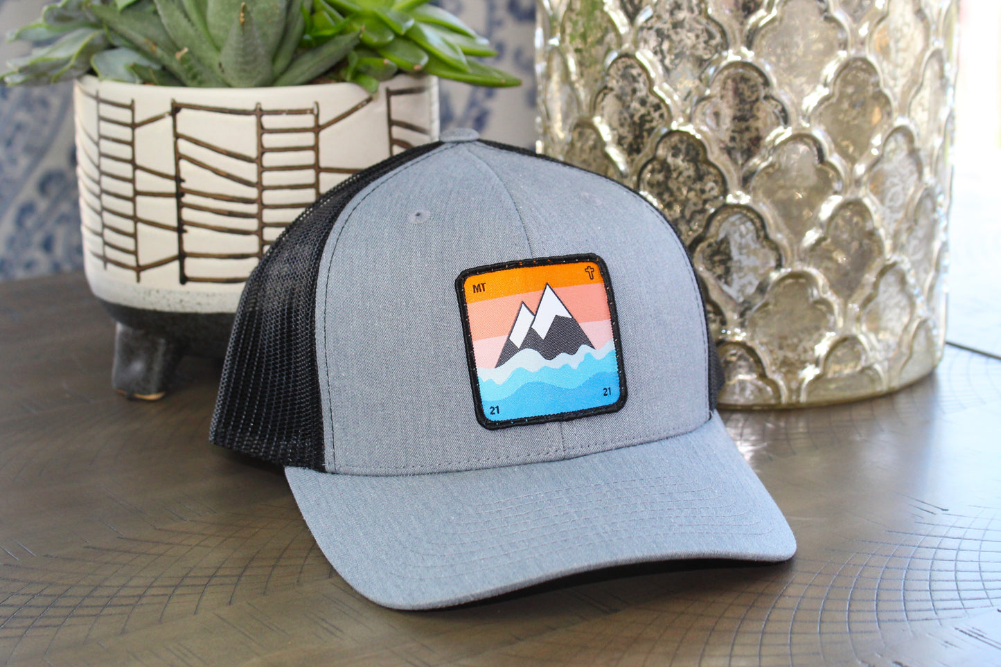 Heather Gray and Black Snapback hat with a faith to move a mountain patch