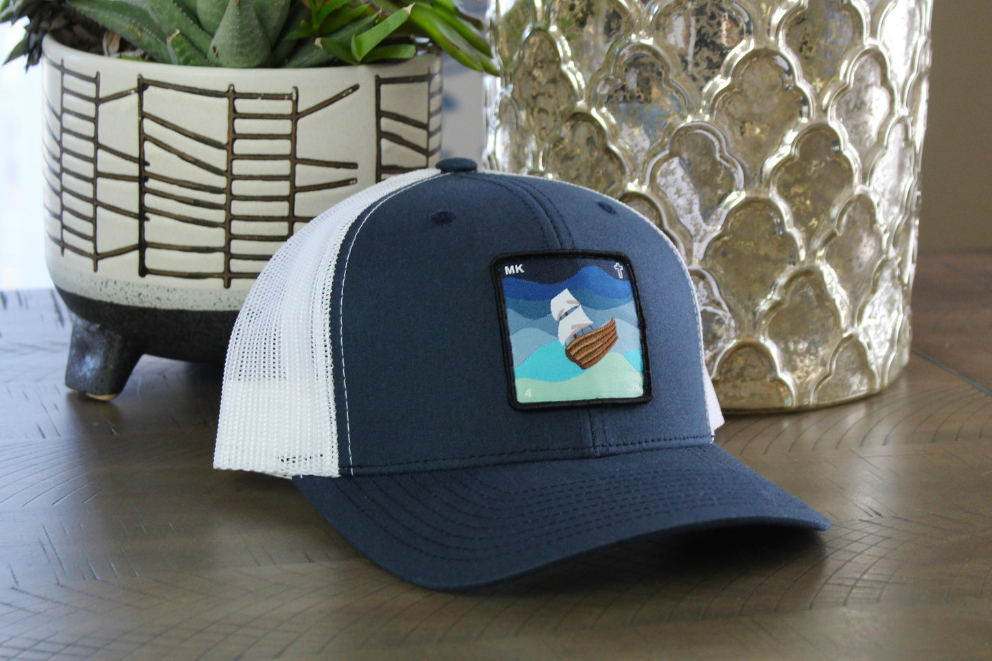 Navy/White snapback with a Jesus calms the storm patch