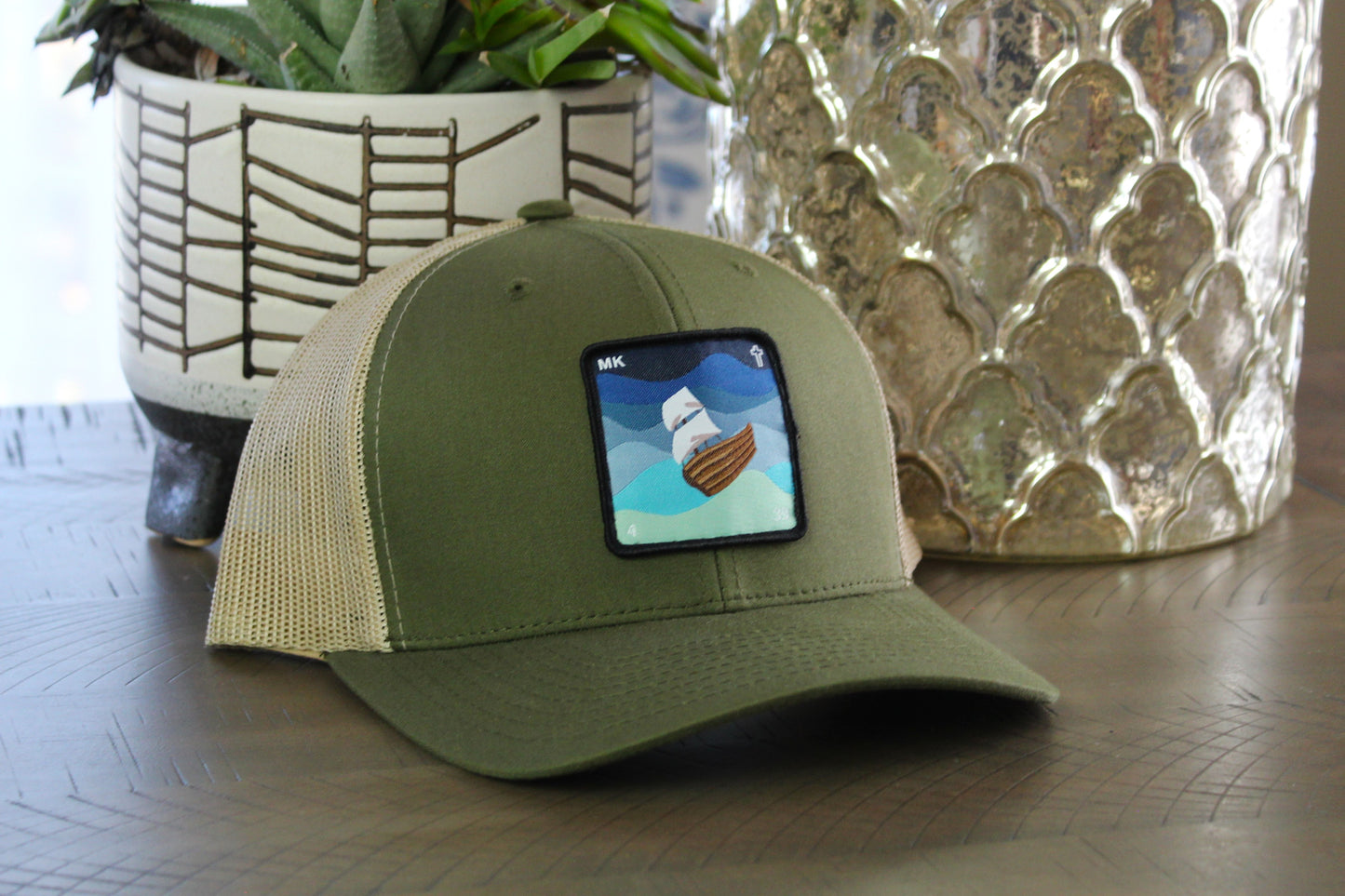 Moss/Khaki snapback with a Jesus calms the storm patch