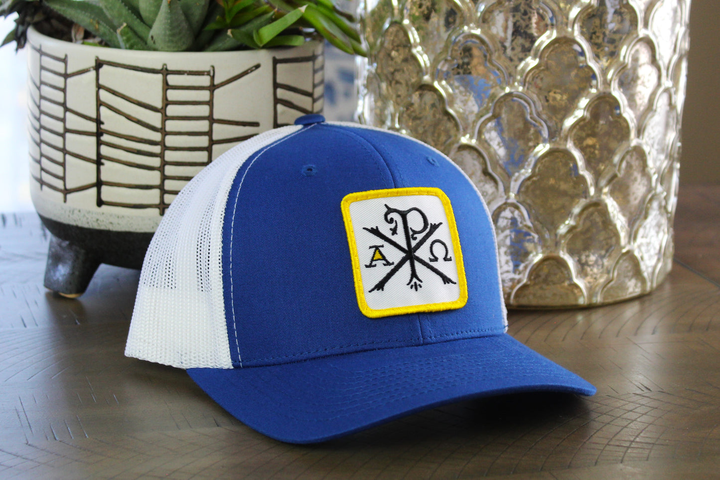 Navy White Snapback with a Chi-Rho patch