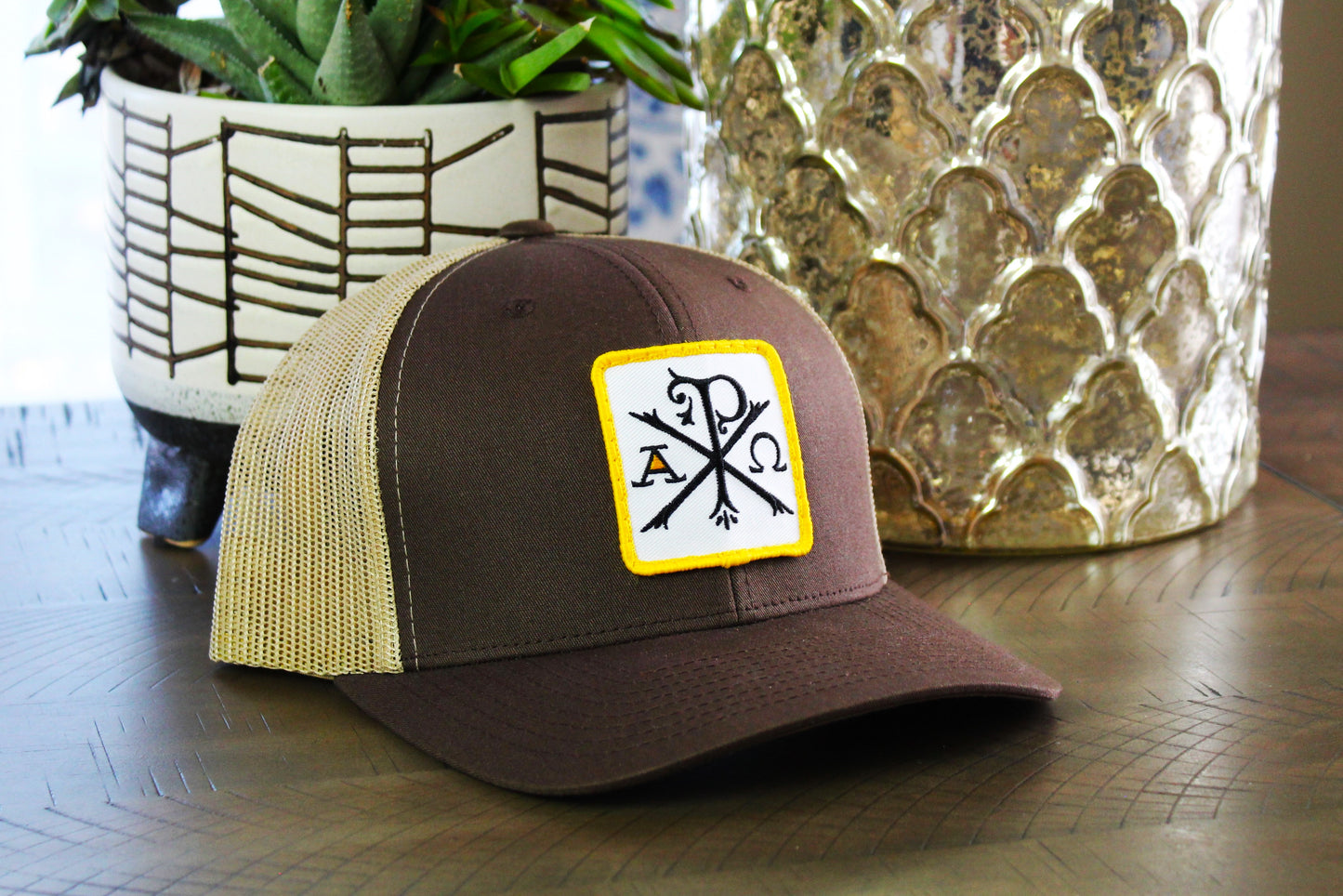 Brown Khaki Snapback with a Chi-Rho patch