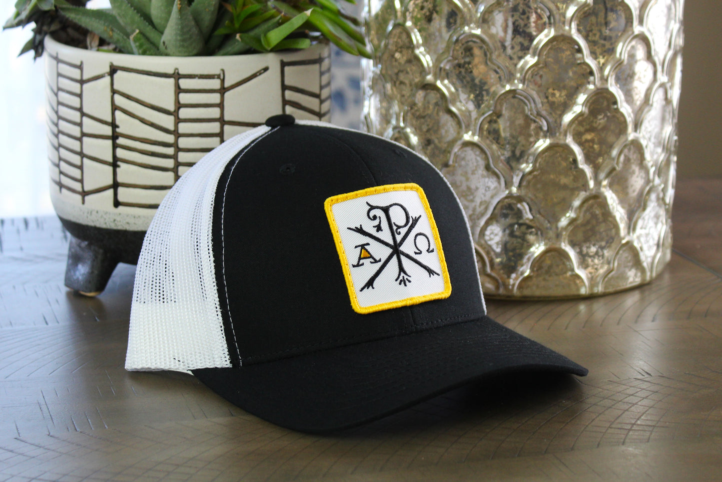 Black White Snapback with a Chi-Rho patch