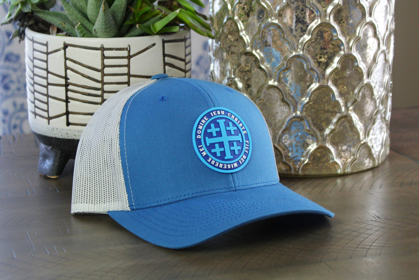 Steel Blue and silver snapback with a Blue Jerusalem Cross patch