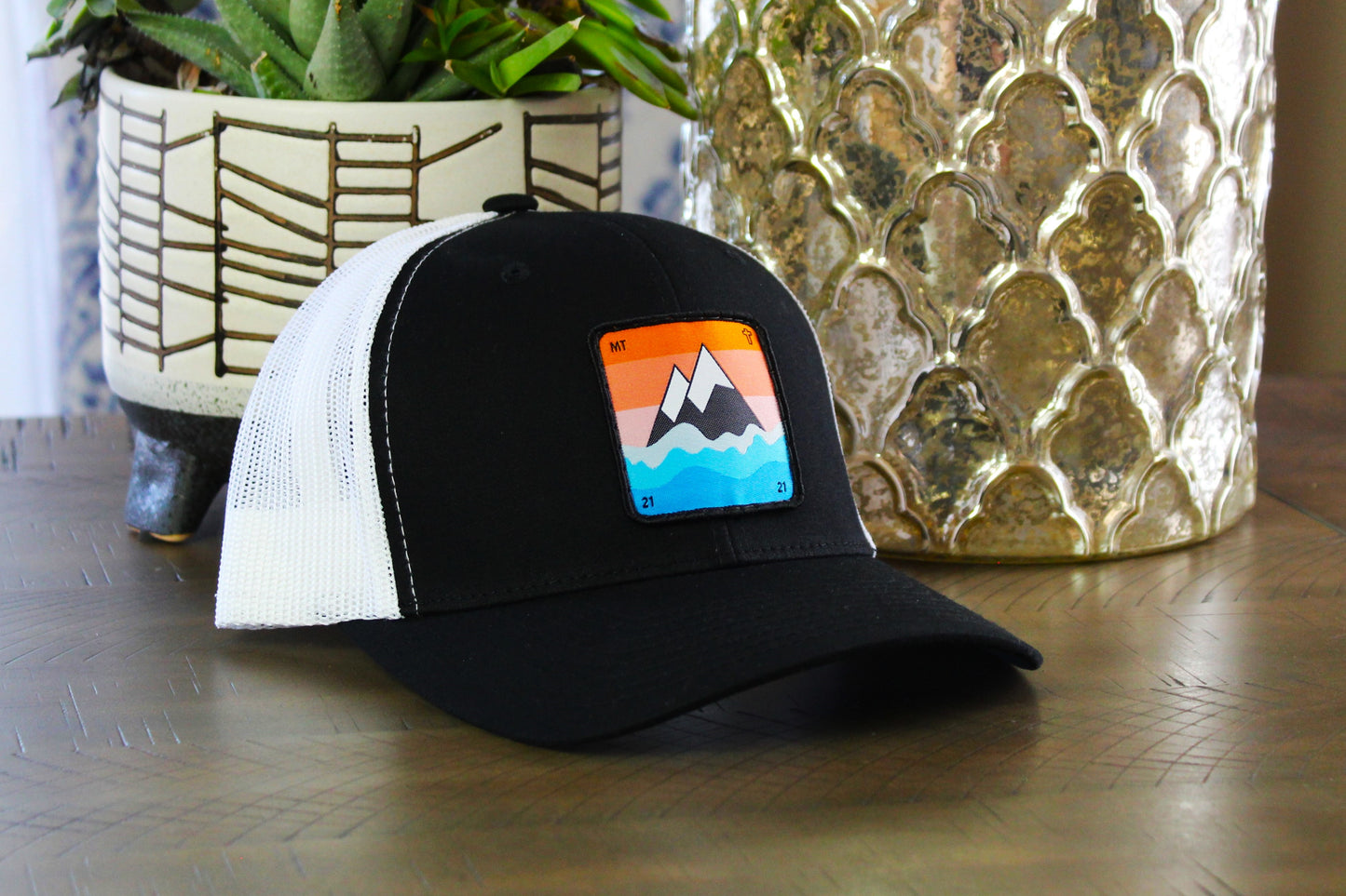 Black and White Snapback hat with a faith to move a mountain patch