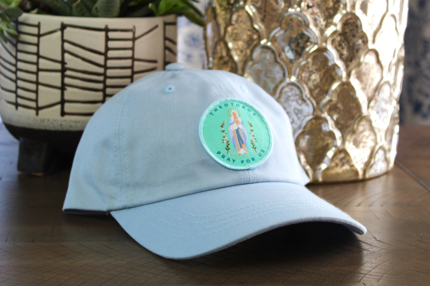Light Blue adjustable hat with a theotokos patch