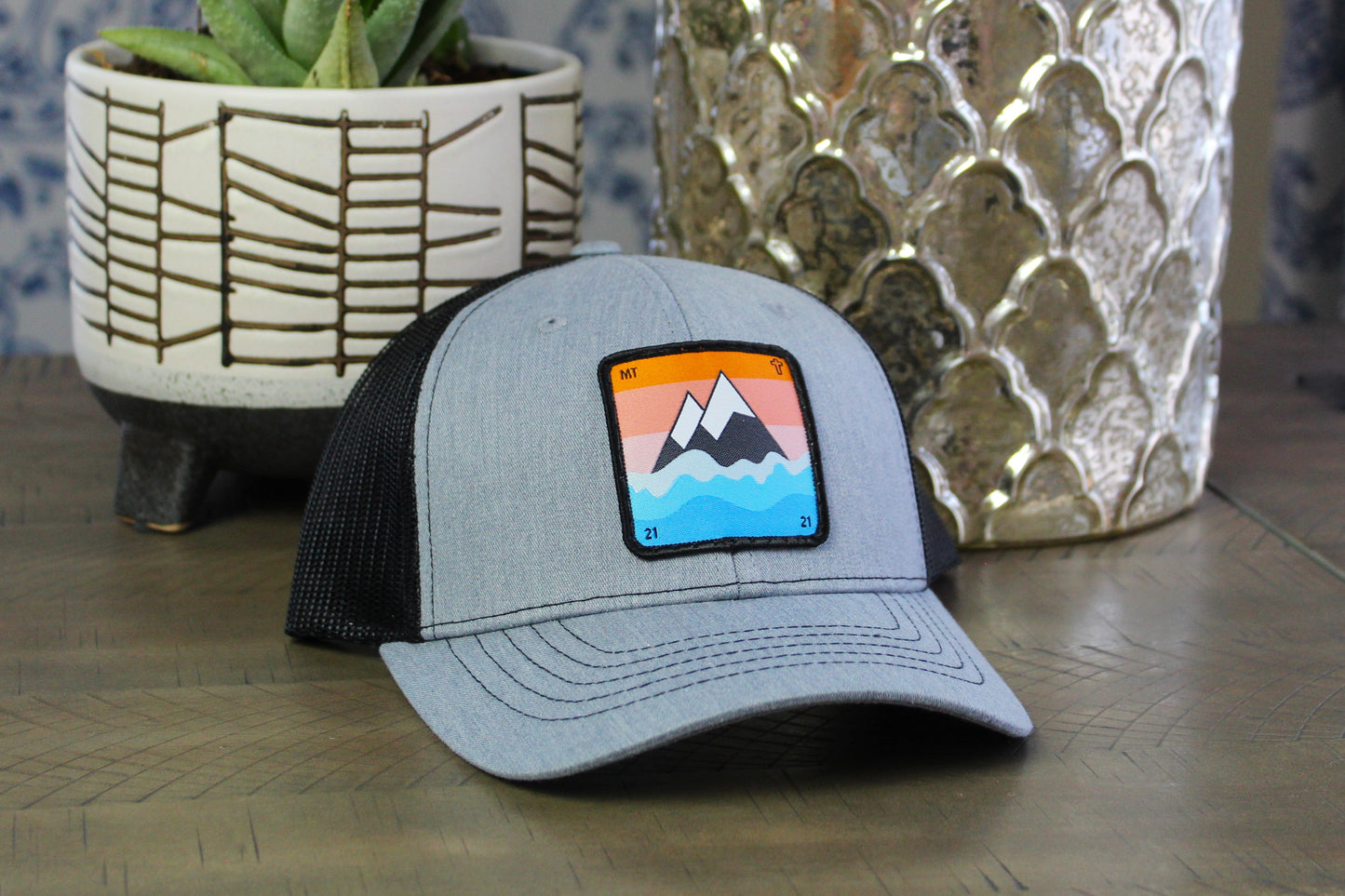 Heather Gray Black youth hat with Faith to Move a Mountain Patch