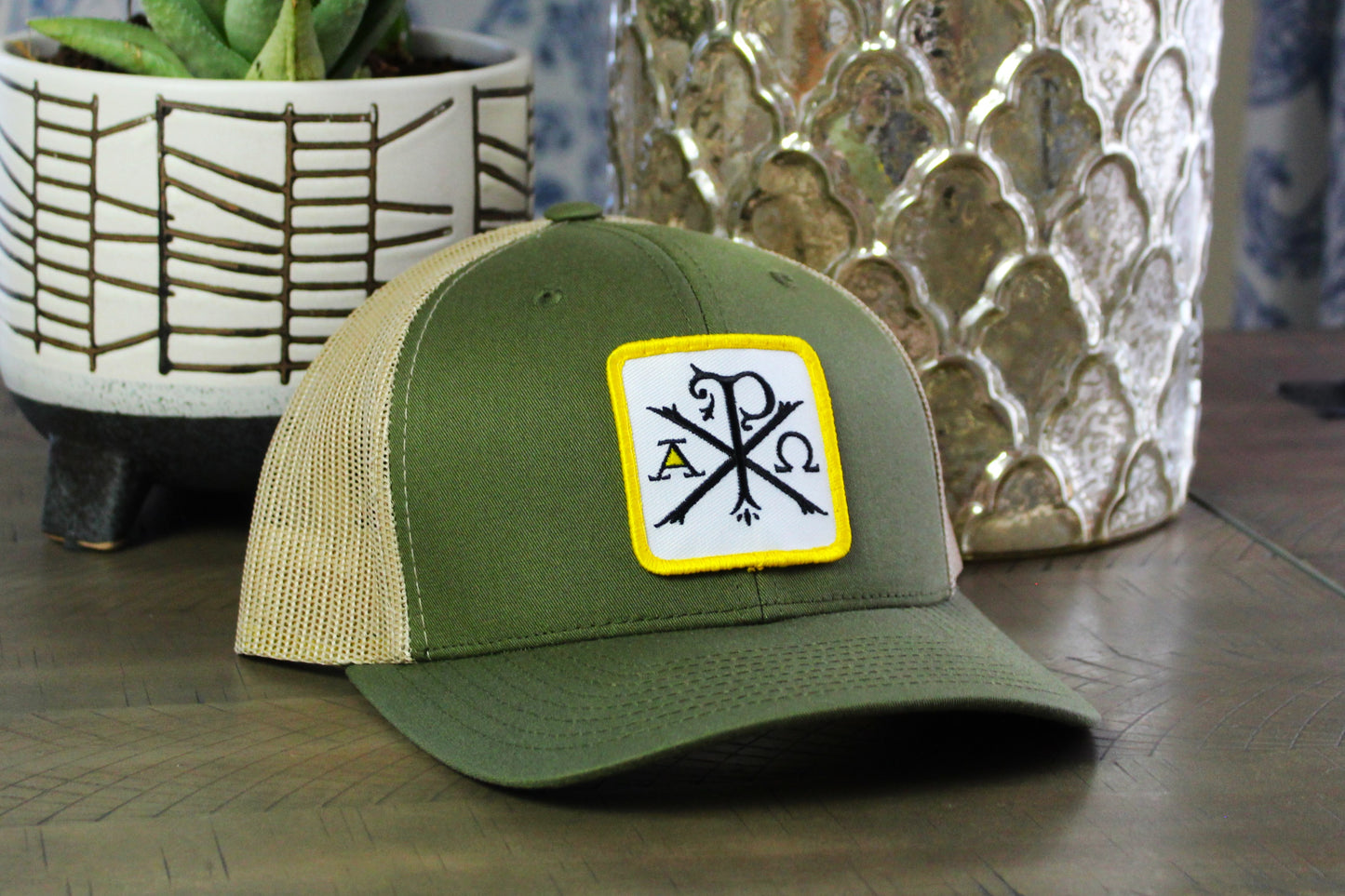 Moss Khaki Snapback with a Chi-Rho patch