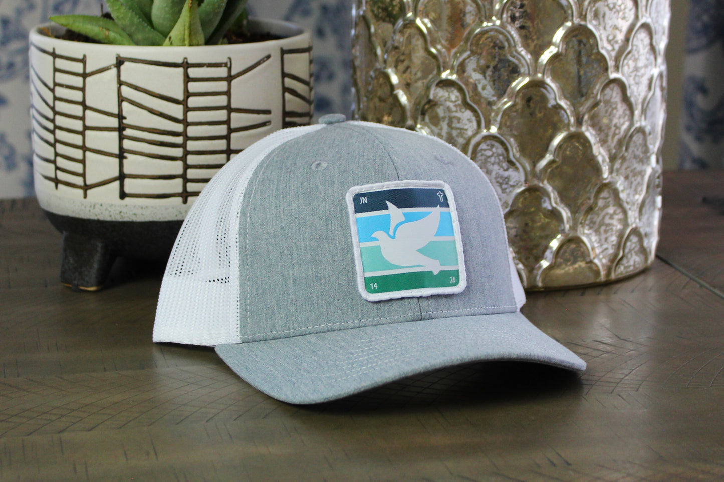 Heather gray/white youth snapback with holy spirit dove patch