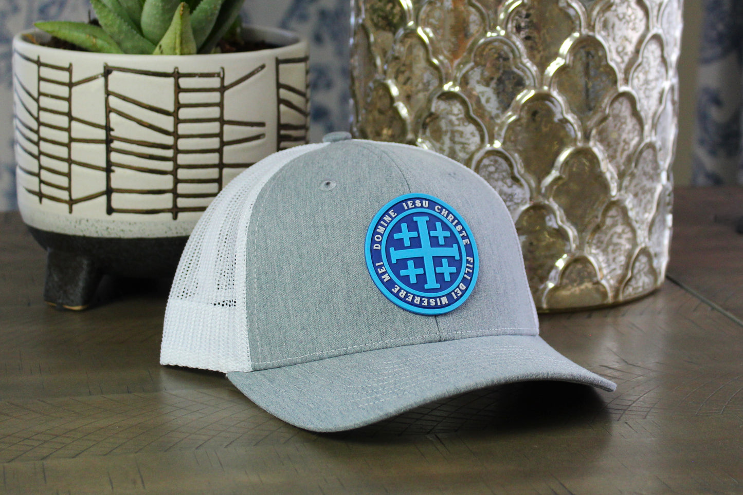 Youth gray and white Snapback with a Jerusalem Cross PVC patch