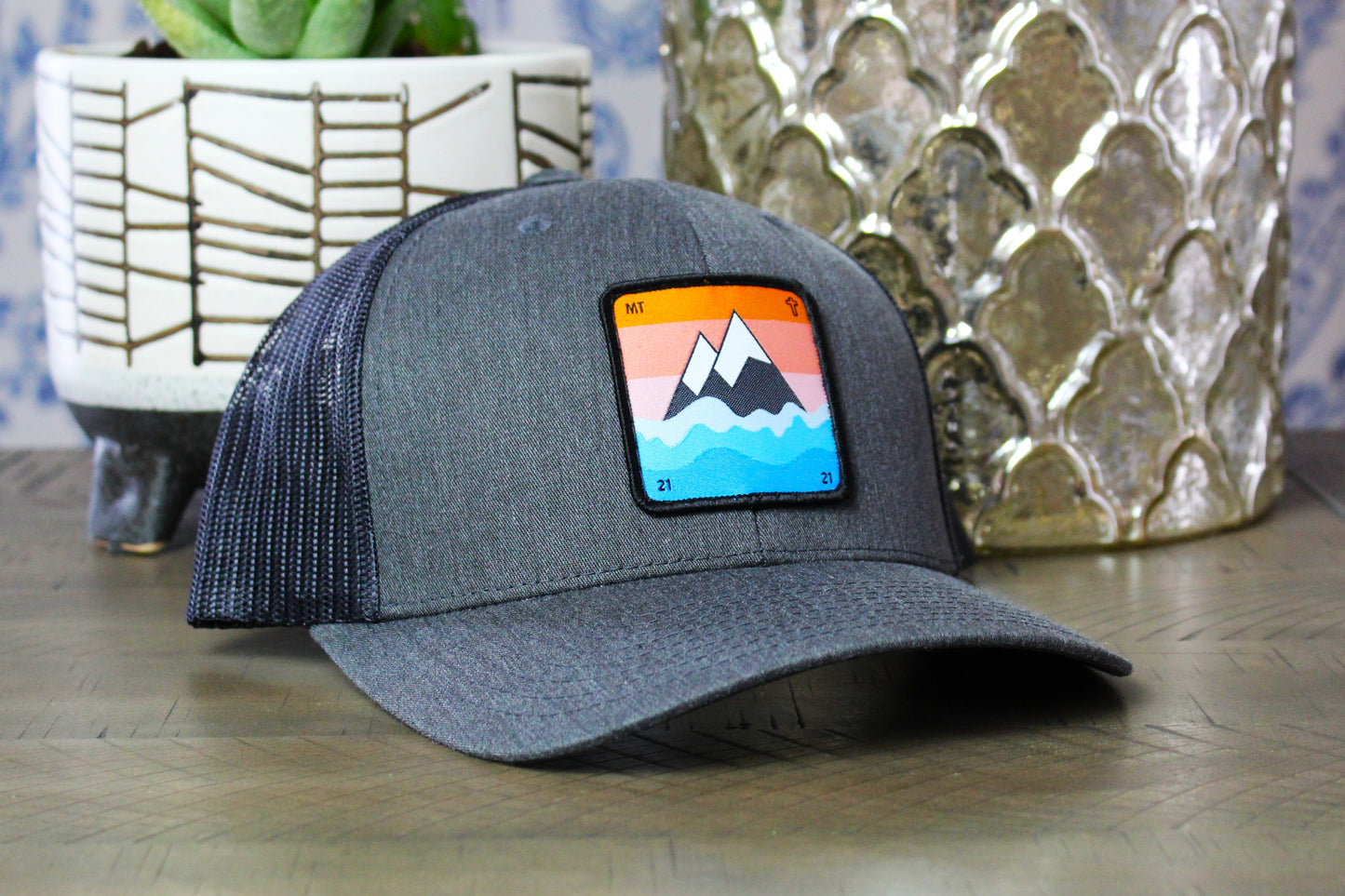 Dark Heather Gray/Black Snapback hat with a faith to move a mountain patch