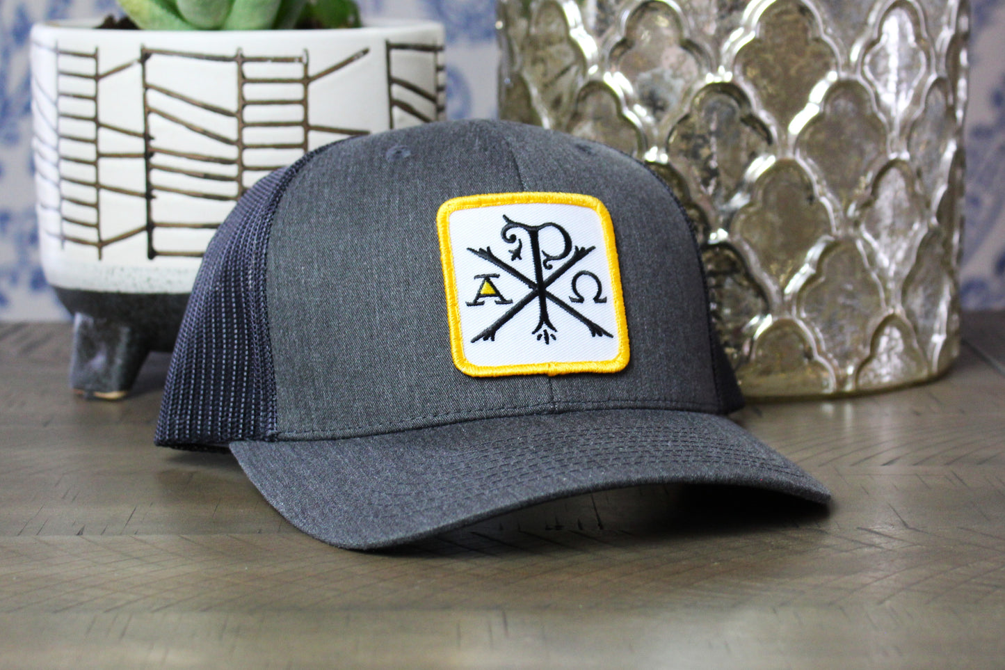 Heather Gray White Snapback with a Chi-Rho patch