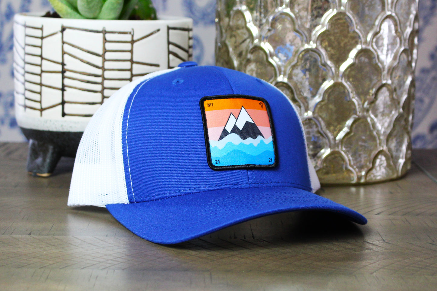 royal blue/White Snapback hat with a faith to move a mountain patch