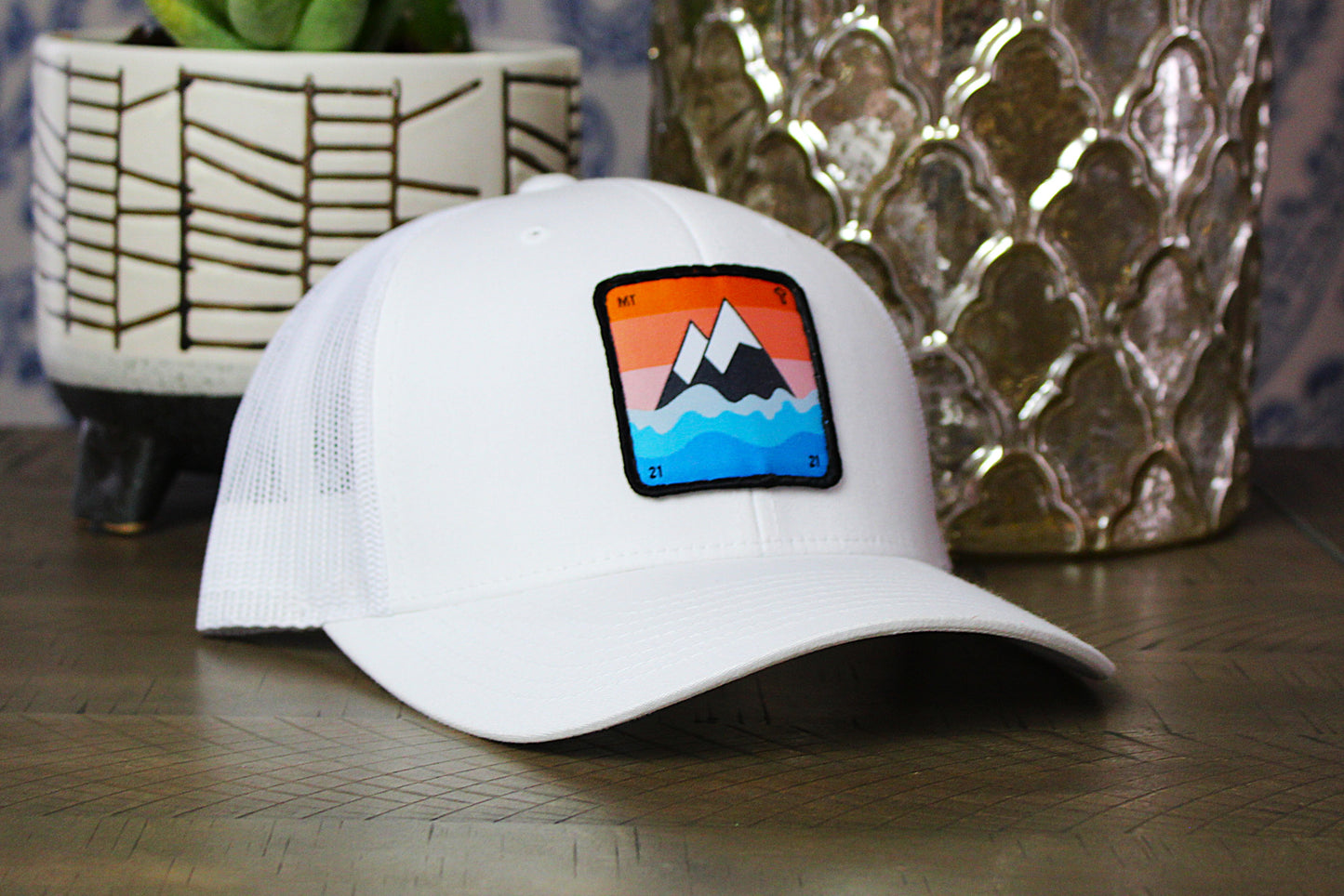 White Snapback hat with a faith to move a mountain patch