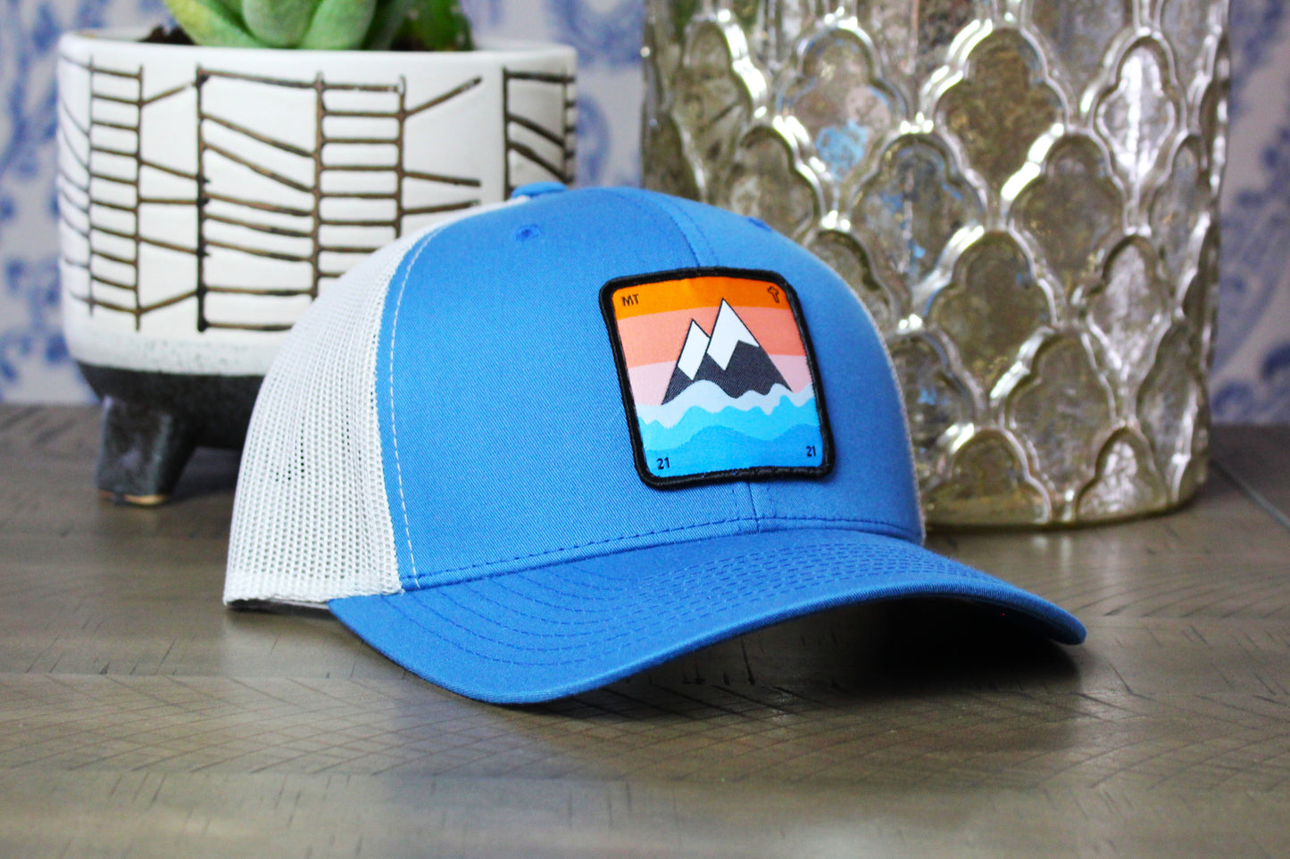 Steel Blue/Silver Snapback hat with a faith to move a mountain patch