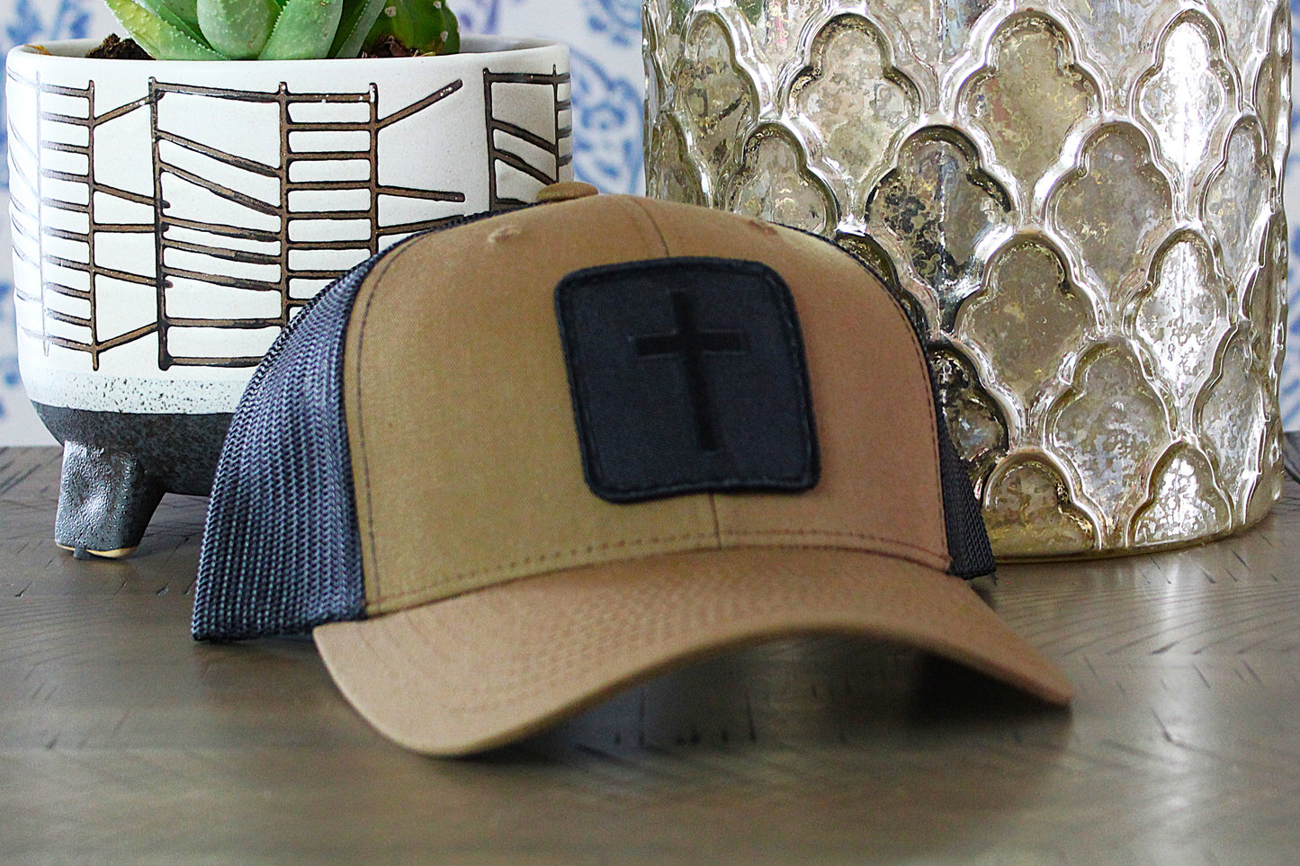 Coyote Brown/Black Snapback Hat with a Blackout Cross Patch