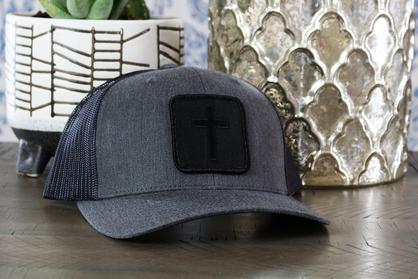 Dark Heather Gray Black Snapback Hat with a Blackout Cross Patch