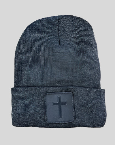 Heather Charcoal winter hat with a Blackout Cross Patch