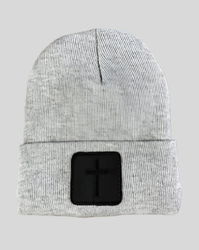 Heather Gray winter hat with a Blackout Cross Patch