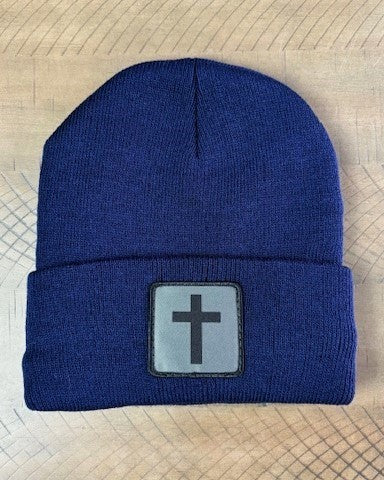 Navy winter hat with humble threads cross patch