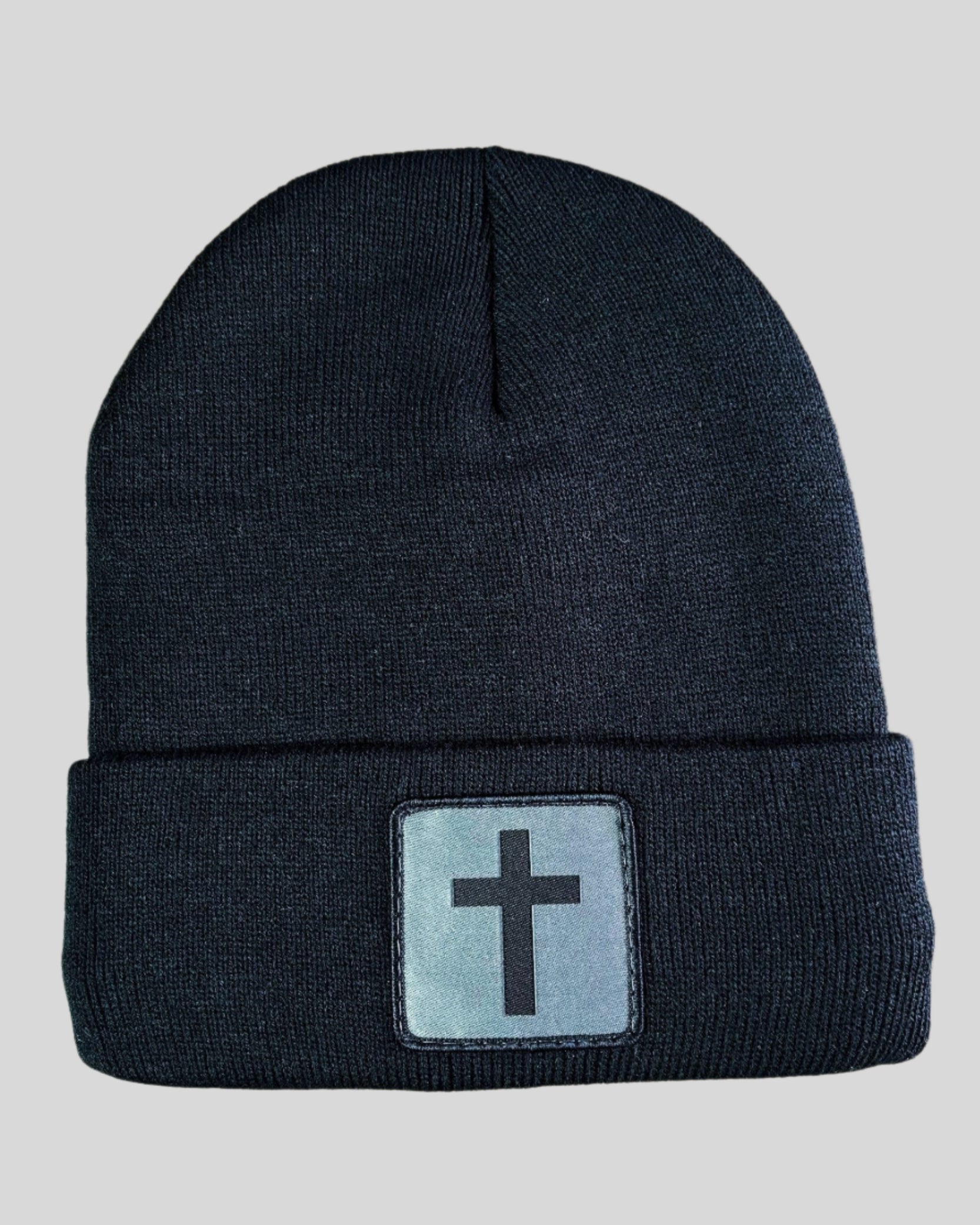 Black winter hat with humble threads cross patch
