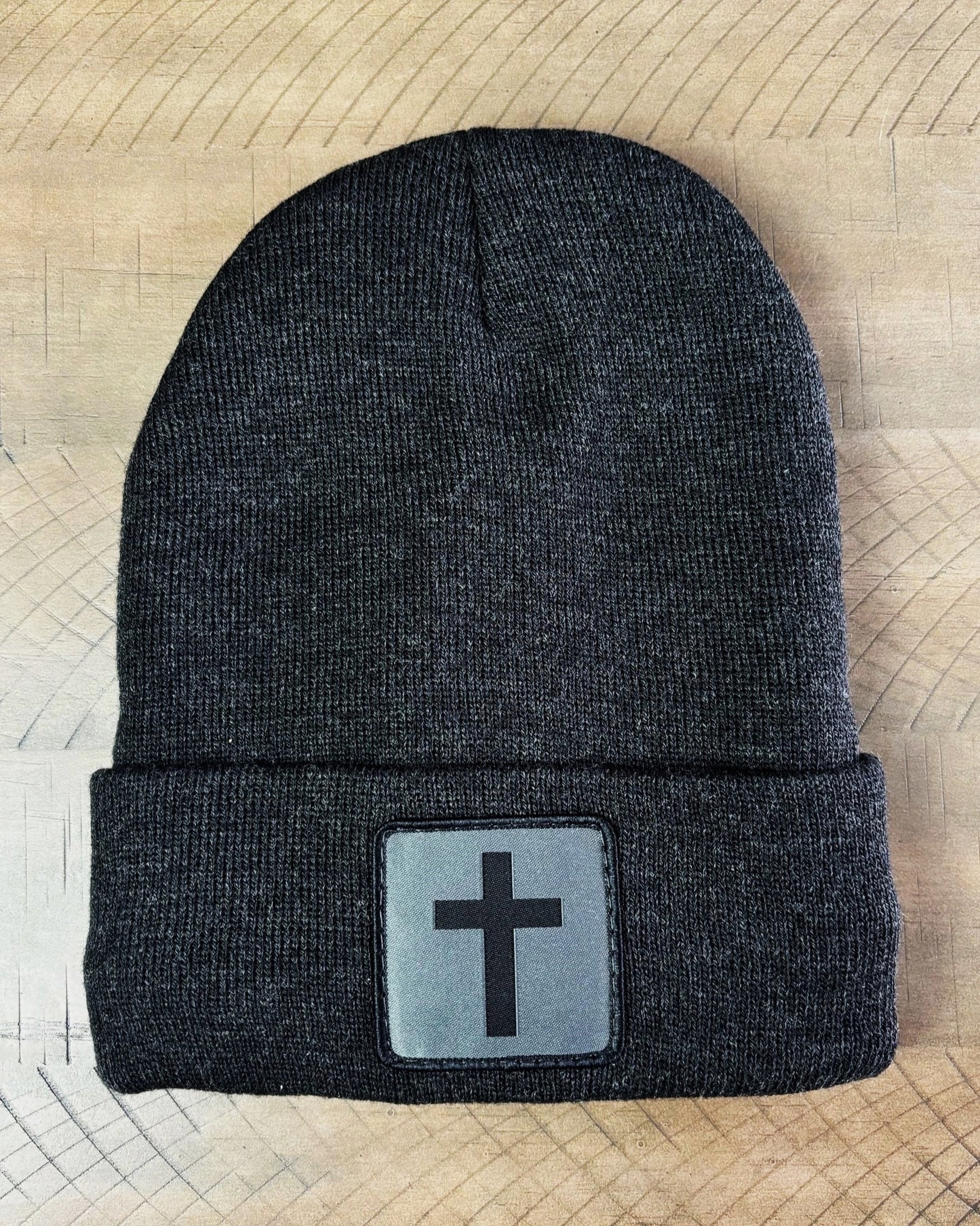 Heather charcoal winter hat with humble threads cross patch