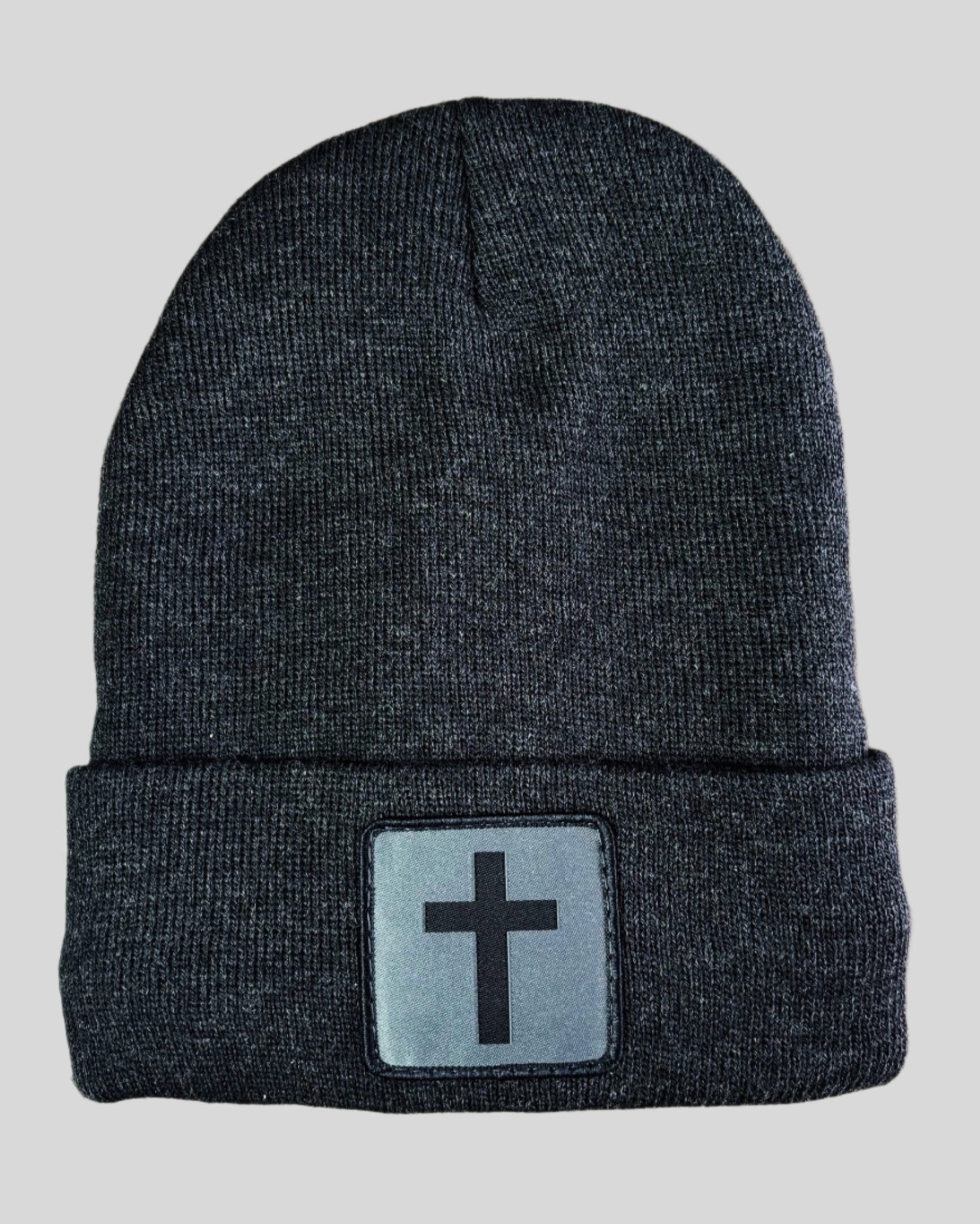 Heather charcoal winter hat with humble threads cross patch