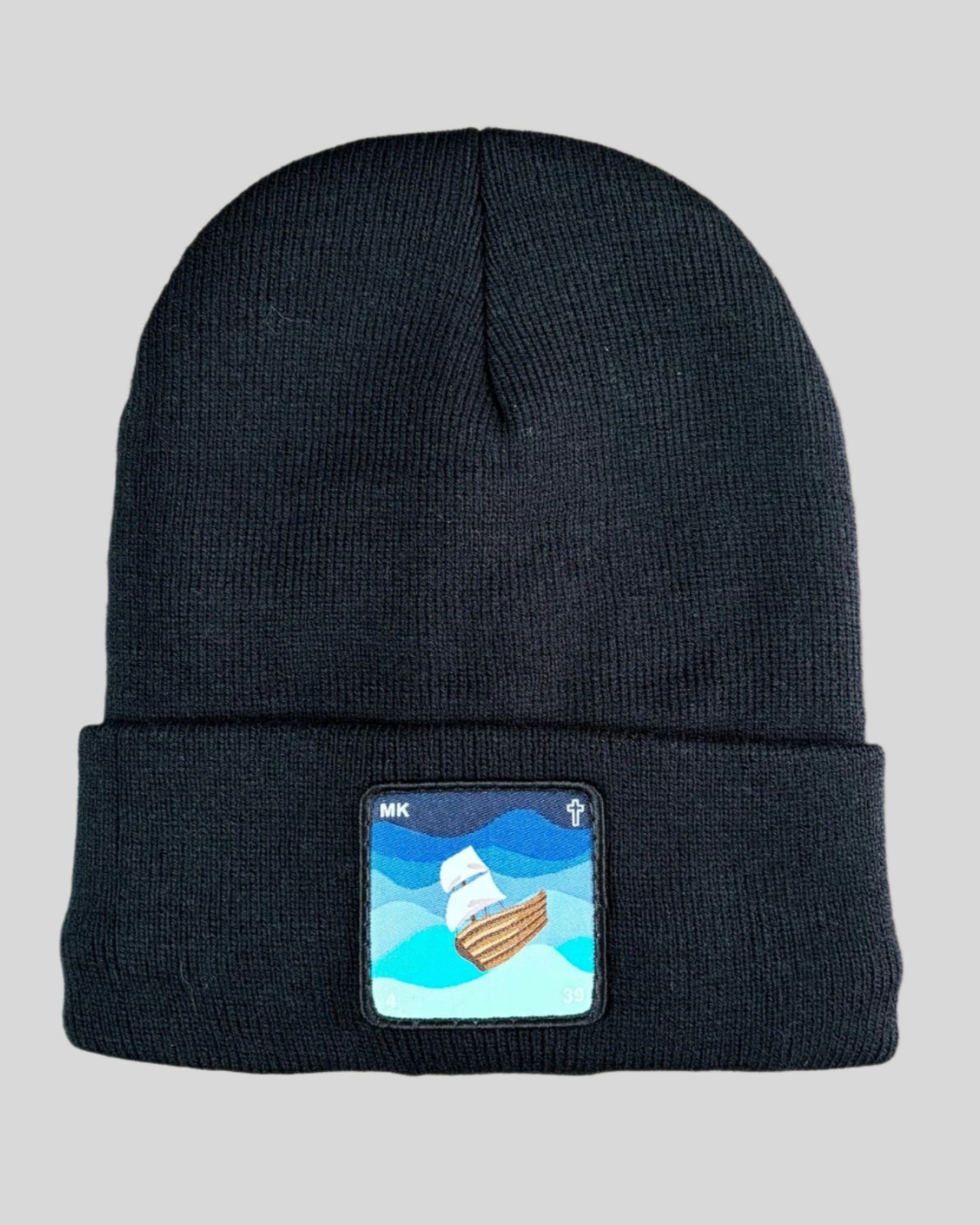 Black winter hat with Jesus calms a storm patch