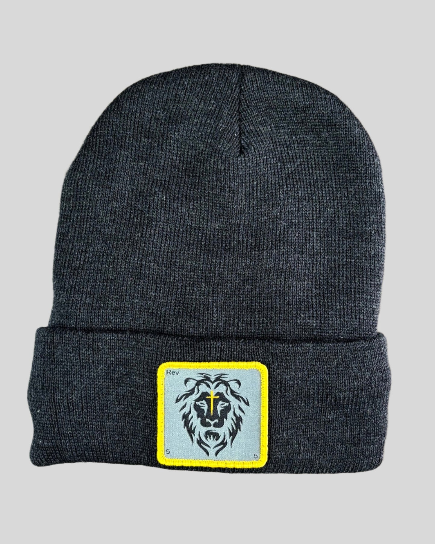 Heather charcoal winter hat with a lion patch