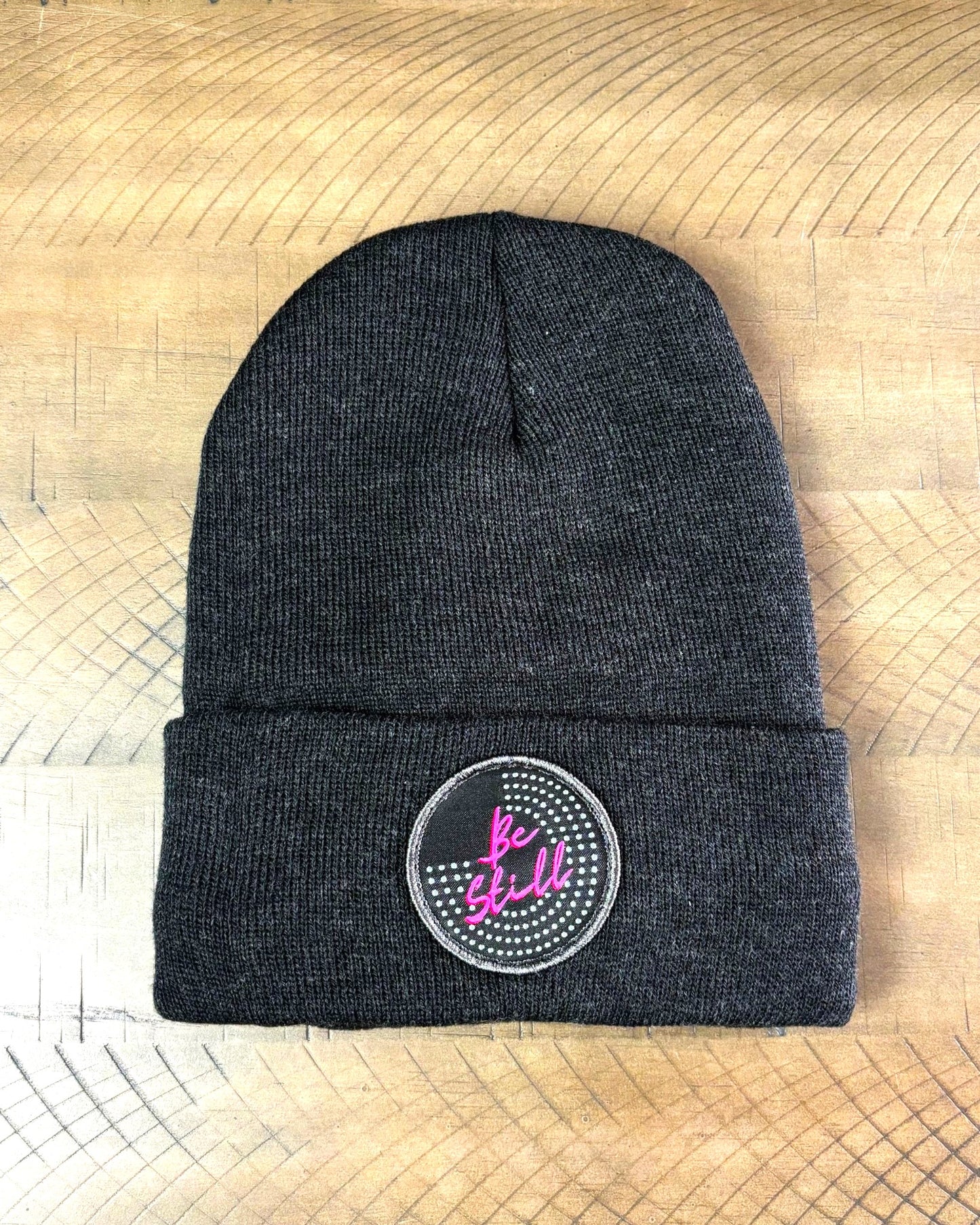 Heather Charcoal winter hat with a Be Still patch