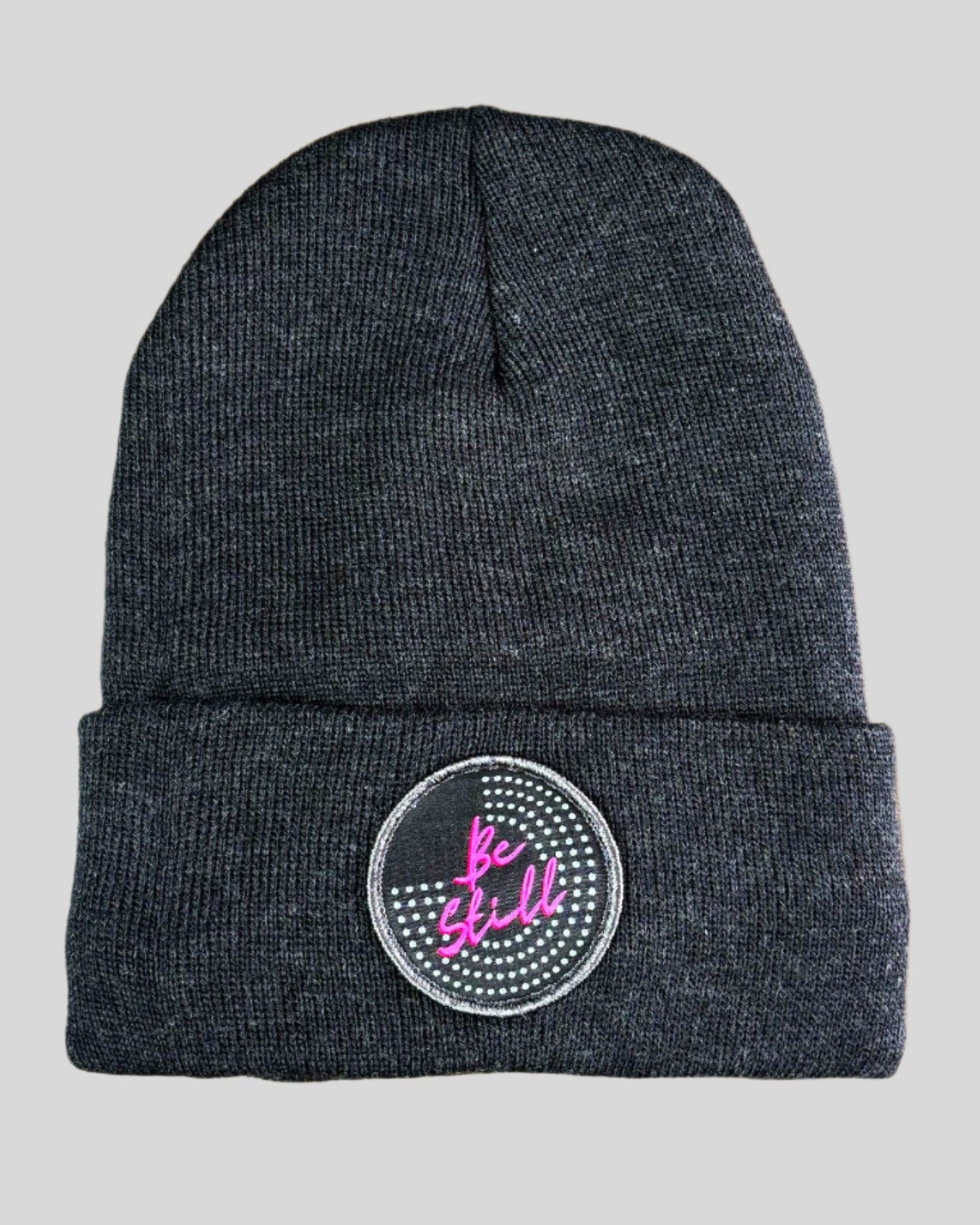 Heather Charcoal winter hat with a Be Still patch