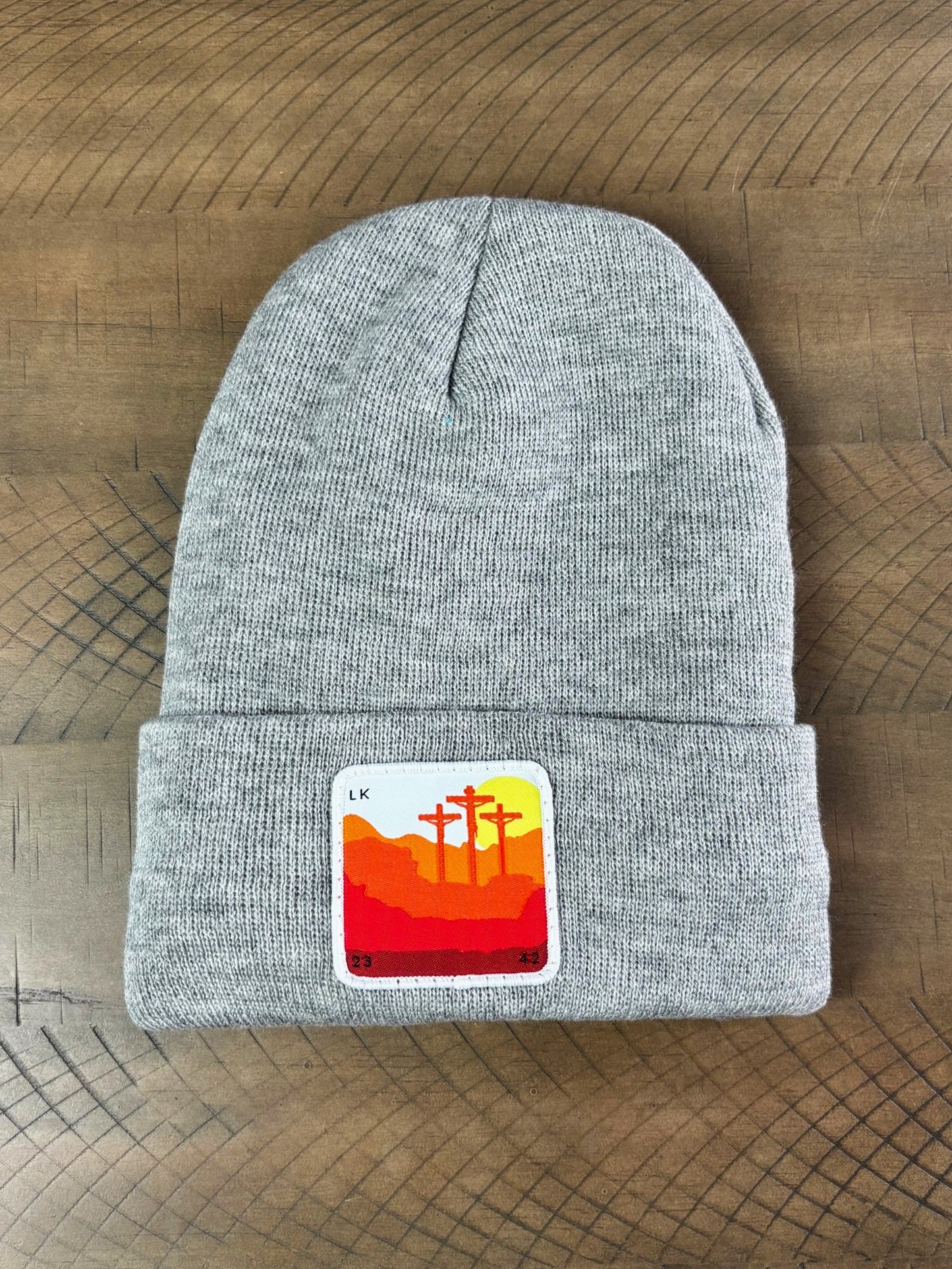 Heather Gray winter hat with a Calvary patch