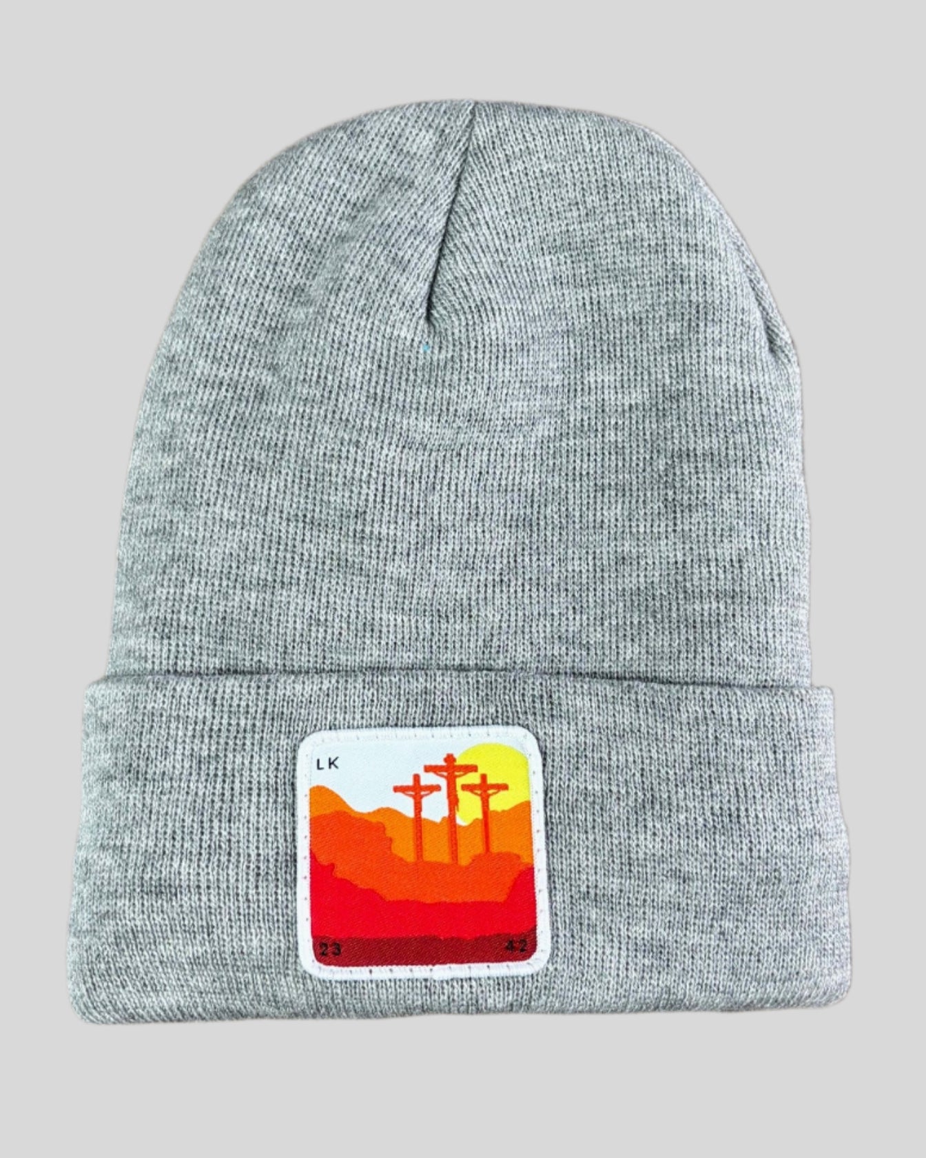 Heather Gray winter hat with a Calvary patch