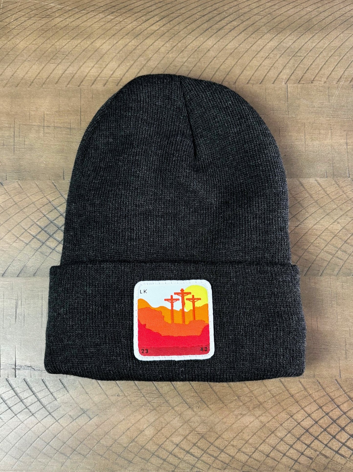 Heather Charcoal winter hat with a Calvary patch