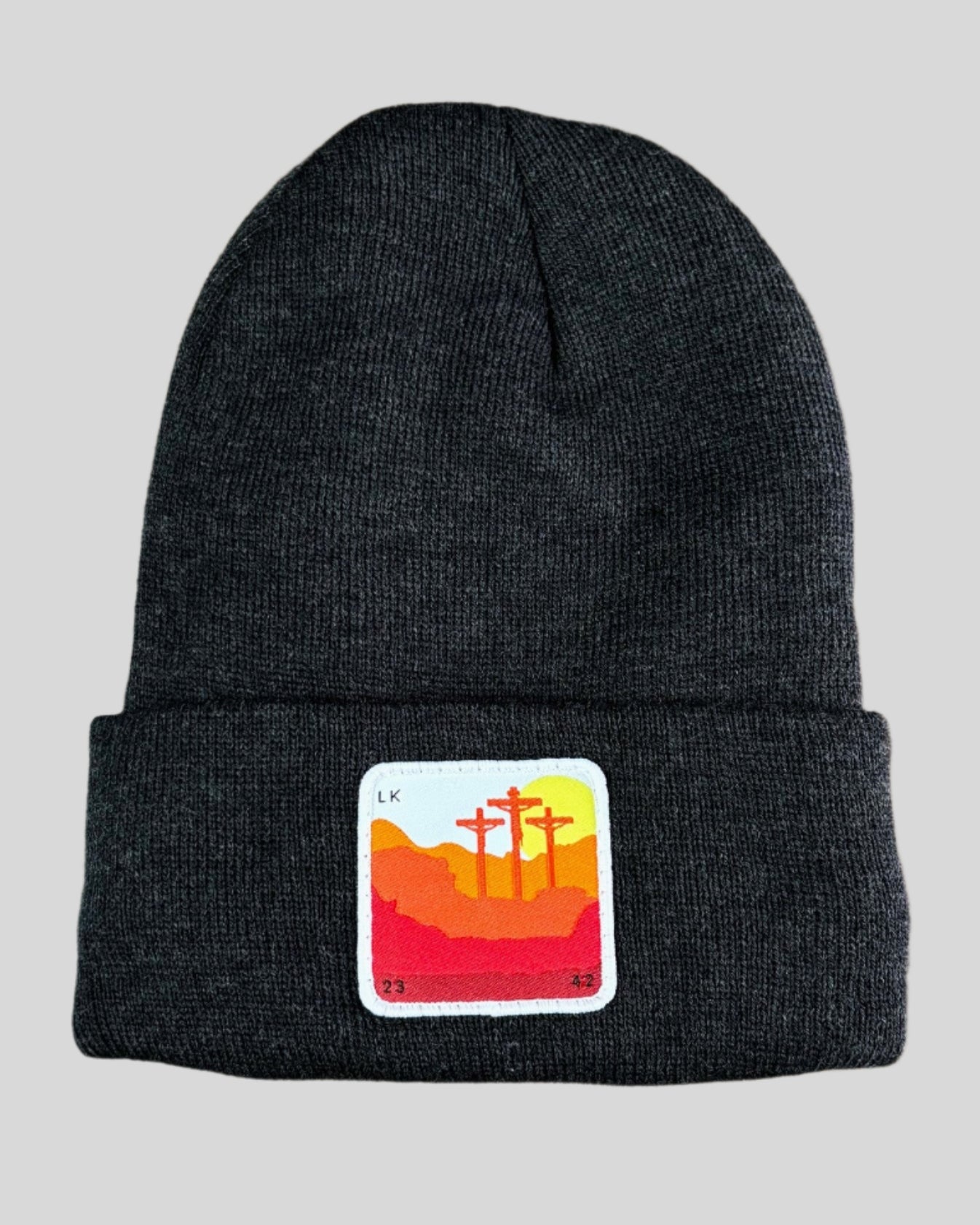 Heather Charcoal winter hat with a Calvary patch