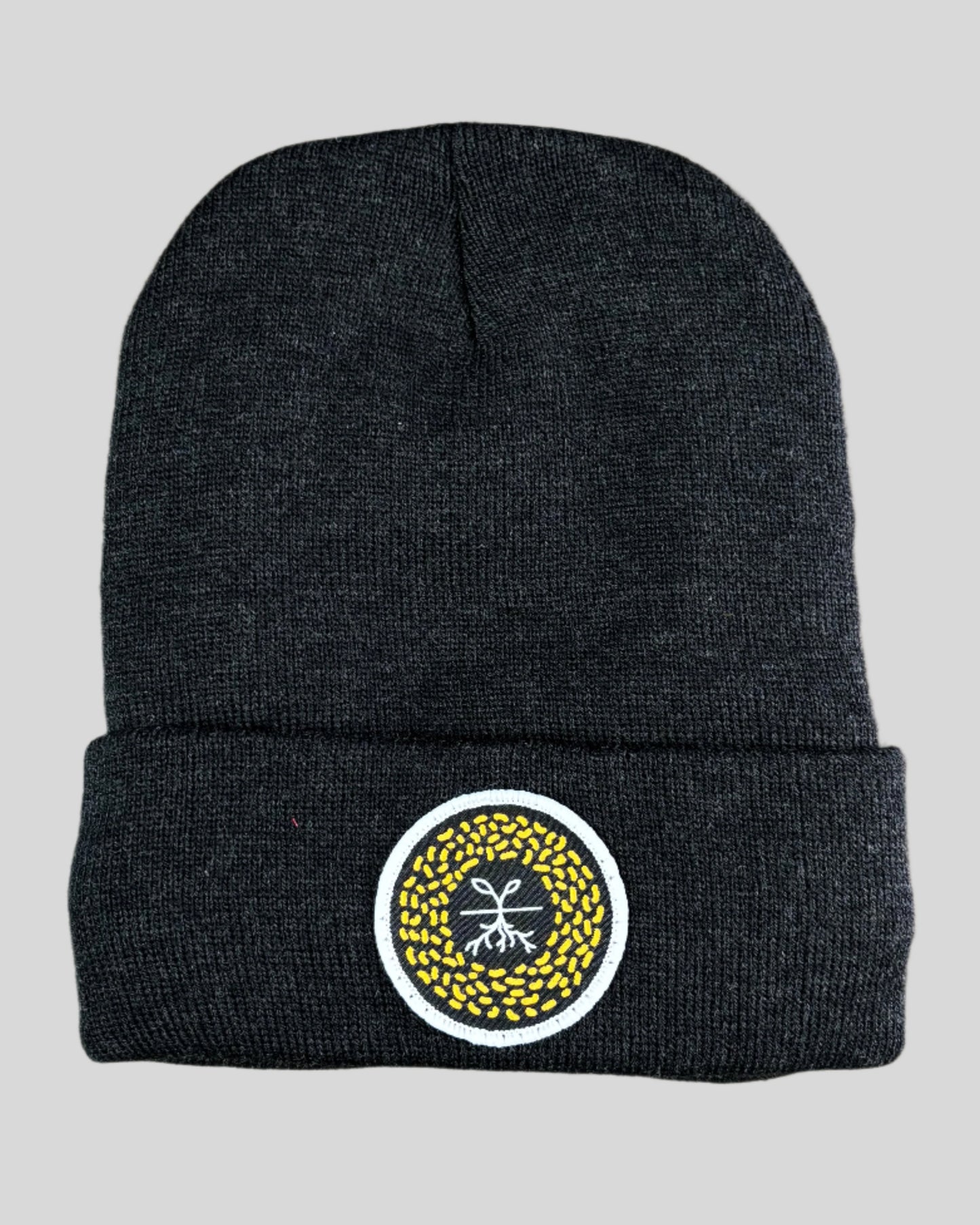 Heather Charcoal winter hat with a mustard seed patch