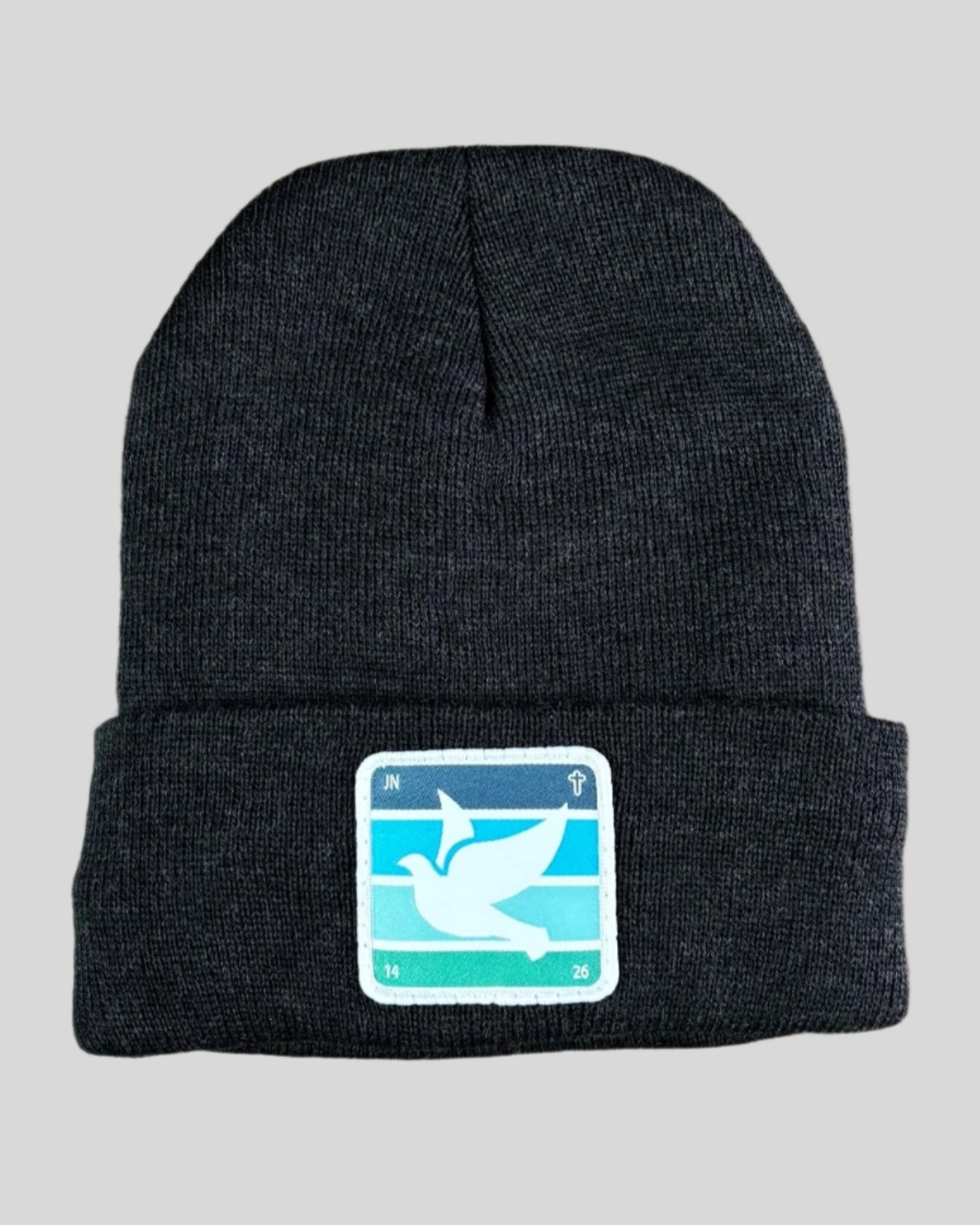 Heather charcoal winter hat with holy spirit dove patch